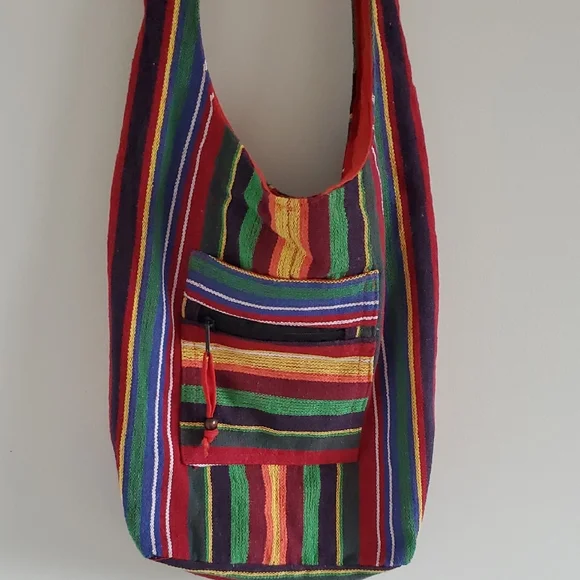 Multicolor Striped Cotton Crossbody Boho Hippie Festival Vacation Sling Bag - Picture 2 of 9